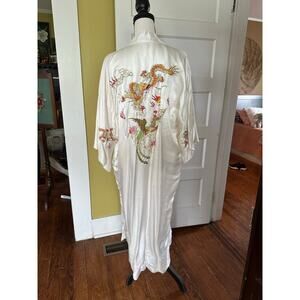 vintage 100% Silk Long Robe Kimono Sleeves Embroidered Dragon sz XL